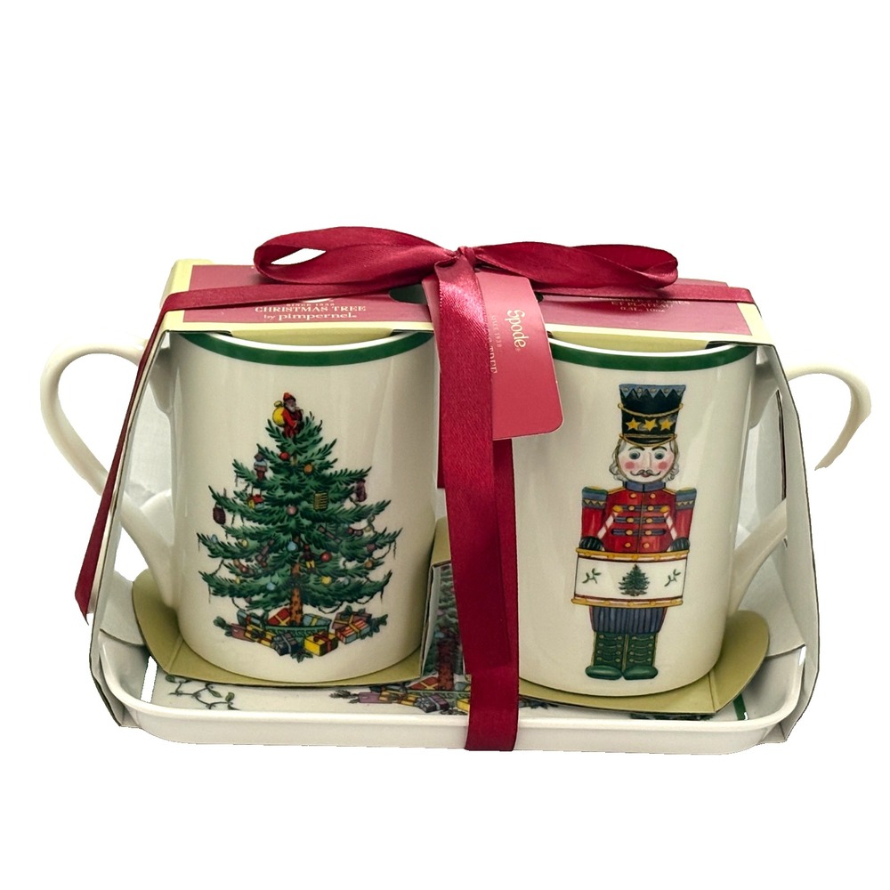 Spode Christmas Tree & Nutcracker Ceramic Coffee Tea Mugs w/ Tray Gift Set ~New